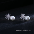 Crystal Zircon Pearl Earrings Stud Snowflake Shape Earring